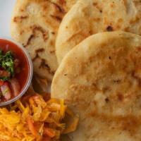 Pupusa · (3 pieces ) Have it with cheese or have it mixed(pork and cheese). Served with a side of cab...