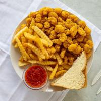 Popcorn Shrimp · With French fries.