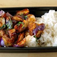 Spicy Basil Eggplant (V)  · Eggplant stir fried with basil, bamboo shoots using house special brown sauce. Served with r...