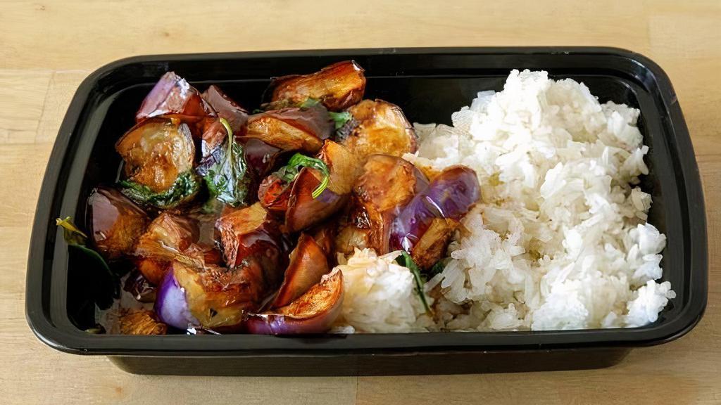 Spicy Basil Eggplant (V)  · Eggplant stir fried with basil, bamboo shoots using house special brown sauce. Served with rice.