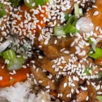 Teriyaki Chicken  · Stir fried marinated teriyaki chicken served over rice & carrots. Only white rice available.