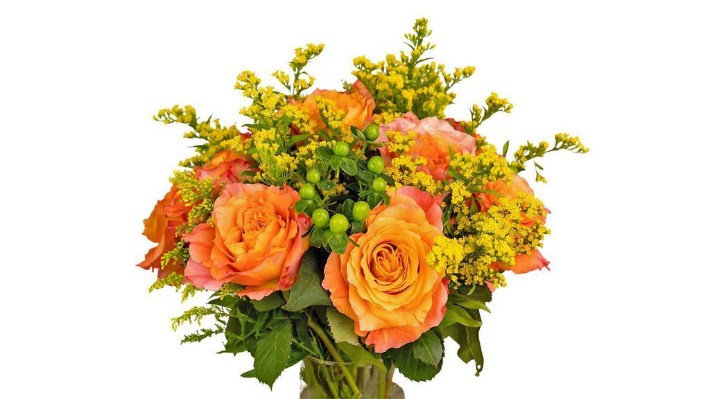 Simply Fall · You will simply fall in love with this bouquet.  Simply selected fine solidago, free spirit roses, and  green hypericum .  Yes  that simple and fabulous bouquet.