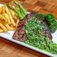 Flat Iron Steak And Frites · Chimichurri, crisp fries, seasonal vegetable.