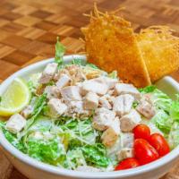 Caesar Salad · Romaine lettuce, ciabatta croutons, Parmesan cheese crisp. Add chicken or shrimp for additio...
