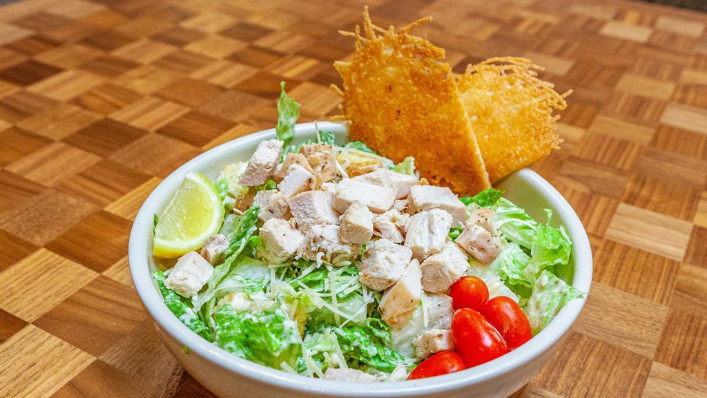 Caesar Salad · Romaine lettuce, ciabatta croutons, Parmesan cheese crisp. Add chicken or shrimp for additional price.