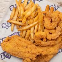 The Mothaclucker Special · includes 2 pieces of catfish, 5 pieces of shrimp, and fries.