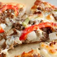 Cheesesteak Pizza · Peppers, onions, American cheese, steak & mozzarella cheese, no sauce.