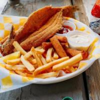Whole Catfish Basket · Includes: Fries, Hush Puppies (3), Ketchup & Tarter.