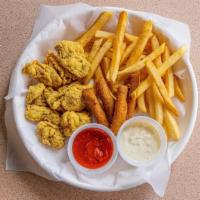 12 Fried Oyster Basket · Includes: Fries, Hush Puppies (3), Ketchup & Tarter.