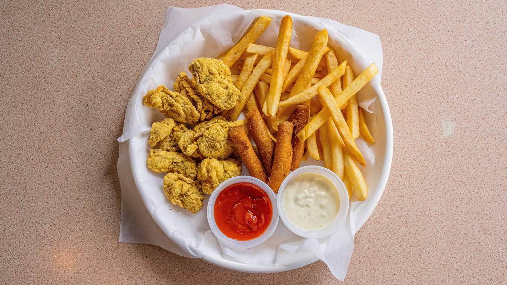 12 Fried Oyster Basket · Includes: Fries, Hush Puppies (3), Ketchup & Tarter.