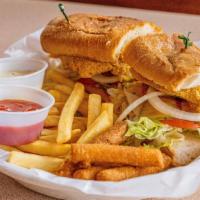 Catfish Poboy · Includes: Fries, Hush Puppies (3), Ketchup & Tarter.