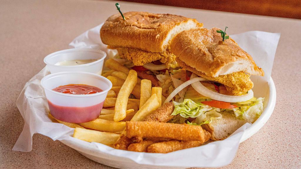 Catfish Poboy · Includes: Fries, Hush Puppies (3), Ketchup & Tarter.