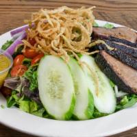 Smokin' Salad · Mixed greens, grape tomato, cucumber, red onion, avocado, choice of BBQ meat, and dressing.