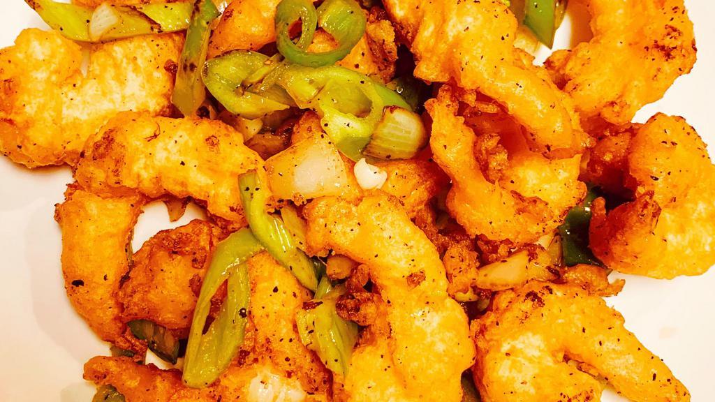 Salt & Pepper Shrimp · Spicy. Lightly fried jumbo shrimp, quickly stirred with salt and pepper and fresh jalapeño.