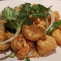 Crispy Shrimp · With white onion, bell pepper, green onion, and black peppercorn.