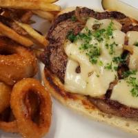 Ny Strip Steak Sandwich · Topped W/Sauteed Onions & Melted Smoked Gouda Cheese.