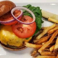 Cheeseburger · 8oz patty, Toasted Brioche Bun, Lettuce, Tomato, Red Onion, Pickle. Your Choice of Cheddar, ...