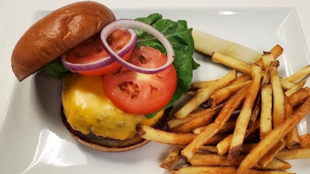 Cheeseburger · 8oz patty, Toasted Brioche Bun, Lettuce, Tomato, Red Onion, Pickle. Your Choice of Cheddar, Swiss, or American Cheese.  All sandwiches include your choice of one side from the selection below.
