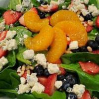 Fresh Baby Spinach Salad · Baby Spinach, Strawberries, Blueberries, Mandarin Orange Sections, Pine Nuts,
Crumbled Blue ...