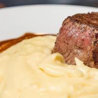 8Oz Filet Mignon · Served with mashed potatoes and a choice of demi-glace or compound butter