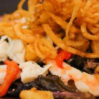 Seafood Salad · Spring mix, roasted red peppers, crispy onions, jumbo lump crab meat, steamed shrimp, fried ...