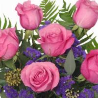 Half Dozen Pink Roses · Vase arrangement
classic urn vase foliage: fern fronds seeded eucalyptus pink roses purple s...