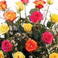 24 Mixed Roses · Vase arrangement
large pedestal vase, greens: leatherleaf, salal, flowers: yellow roses, pin...