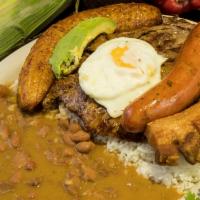 Bandeja Típica Colombiana · Steak with sausage, fried pork belly rice, beans, avocado, fried sweet plantain, and fried e...