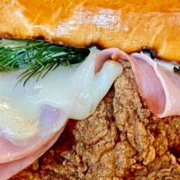 Fried Chicken Cordon Bleu Sandwich · A fabulous double crispy juicy chicken thigh piled high with grilled ham and melted swiss ch...