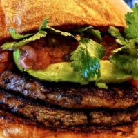 Avocado Burger · Two House Blend Chopped Beef Patties Seared to perfection with our Roasted Tomato Salsa, Avo...