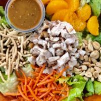 Asian Sesame Salad · Romaine, chicken, mandarin oranges, chow mein noodles, peanuts, carrots, Asian sesame dressi...