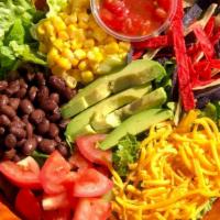 Southwest Salad · Romaine, avocado, black beans, corn, tomato, tortilla chips, cheddar, salsa, ranch dressing.