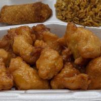 Cbo Honey Chicken · Chunks of breaded chicken breast coated with candy sweet honey sauce.
