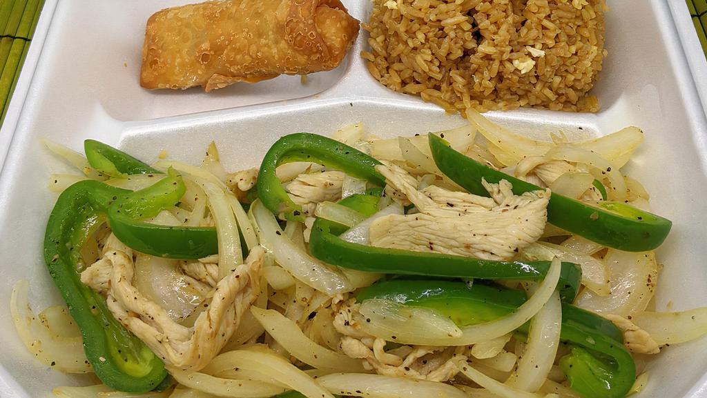 Cbo Black Pepper Chicken · Strips of  chicken breast stir fried with strips of onion and green pepper in black pepper seasoning. (Sauce less).