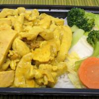 R - Curry Chicken · Boneless, skinless chicken in curry ( slightly spicy) sauce on rice with side of steamed mix...