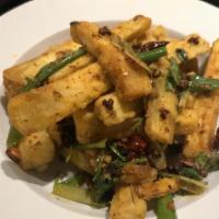 Dry Fried Eggplant · Lightly battered and fried, tossed with dry chili pepper, scallion and cilantro