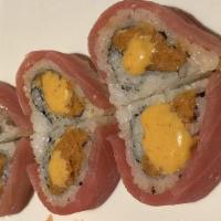 Valentine Roll · Spicy tuna and crunchy flake inside then wrapped with fresh tuna, cut as heart shape