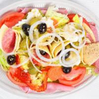 Antipasto Salad · Lettuce, tomatoes, onions, olives, ham, salami, provolone cheese, and giardiniera.