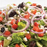 Mediterranean Salad · Fresh romaine tossed with sliced cucumbers, tomatoes, red onions, kalamata olives, Feta chee...