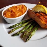 Tierra Verde Salmon · CHAR-GRILLED SALMON WITH JULIENNE VEGETABLES, TOPPED WITH A HABANERO SAUCE