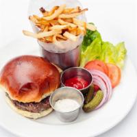 Prime Hamburger & Frites · 100% source verified, family-farmed brandt beef with lettuce, tomato, red onion, cornichons....