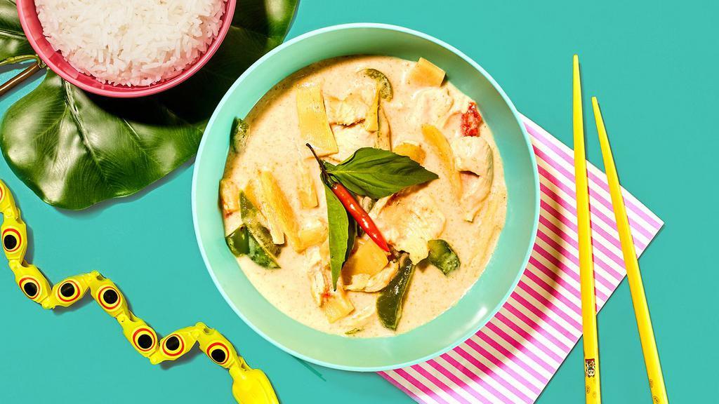 Green Curry · Sweet & Spicy Green Curry with Coconut Milk X Your Choice of Protein X Juicy Bell Peppers/Bamboo Shoots/Fresh Basil/Green Beans X Served With Rice