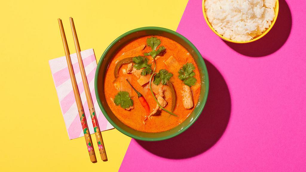 Red Curry · Sweet & Spicy Red Curry with Coconut Milk X Your Choice of Protein X Served With Rice
