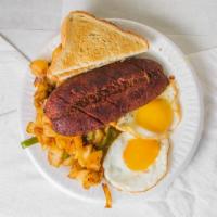Two Eggs, Beef Sausage, Home Fries & Toast · 