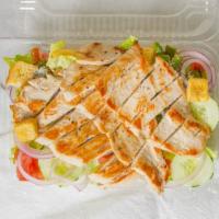 Grilled Chicken Caesar Salad · Grilled Chicken breast, romaine lettuce, tomatoes, onions, cucumbers, green red peppers, cro...