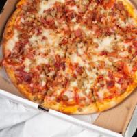 Meat Lovers Pizza · Pepperoni, pure beef, Italian sausage, fresh cooked bacon with low-fat mozzarella cheese.