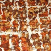 Our Famous Bbq Chicken Pizza · Chicken marinated in our barbecue sauce, sliced sweet white onions, mushrooms, fresh mozzare...