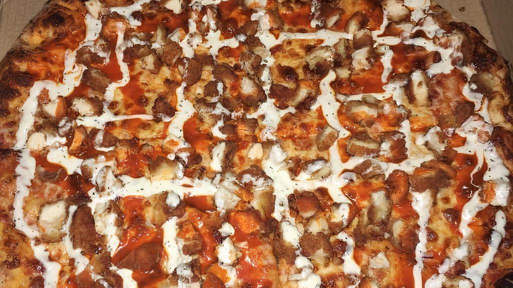 Our Famous Bbq Chicken Pizza · Chicken marinated in our barbecue sauce, sliced sweet white onions, mushrooms, fresh mozzarella cheese.