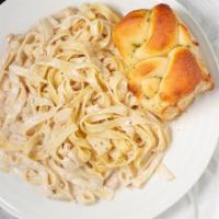 Fettuccine Alfredo With Chicken · Fettuccine noodles, grilled lean chicken, covered with creamy alfredo sauce topped with Parm...