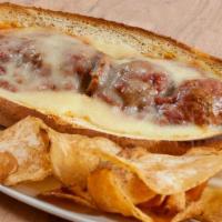 Meatball Parmigiana Sandwich · Topped with provolone cheese.